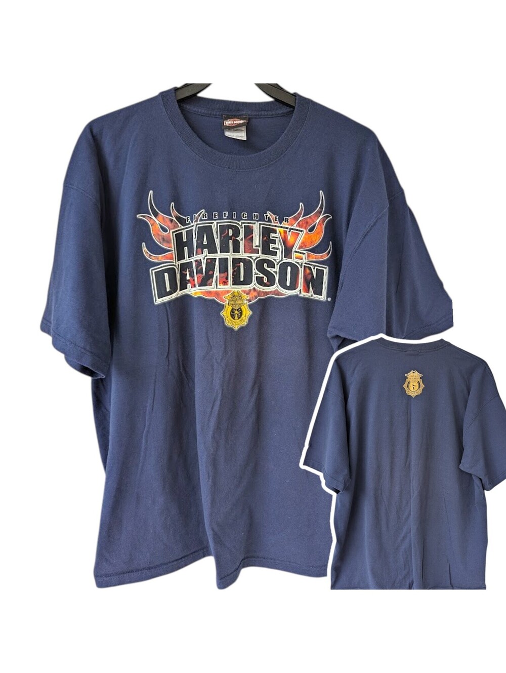Vintage Harley-Davidson Firefighter T-Shirt Mens 2XL Navy Blue Biker Tee 26x31.5